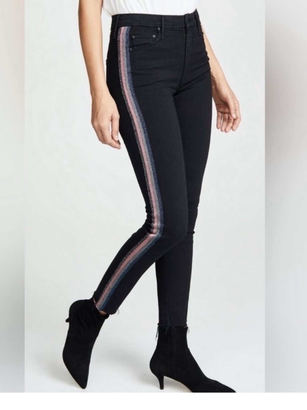 New MOTHER High-Waisted Looker Ankle Fray in Guilty Glitter Racer black jeans 26
